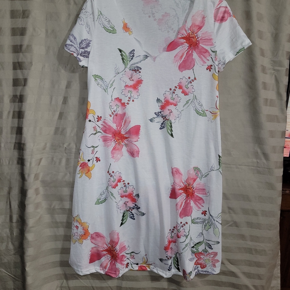 White Dress with floral print fabric is soft & stretchy, Scolloped neck, Size L